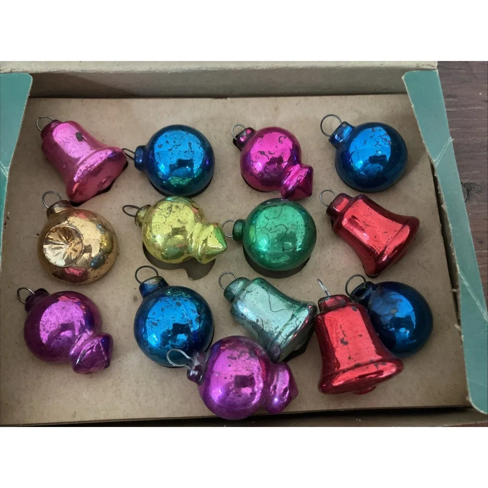 Set Lot 39 Vtg Shiny Brite Mini Mercury Glass Christmas Tree Ornaments Baubles